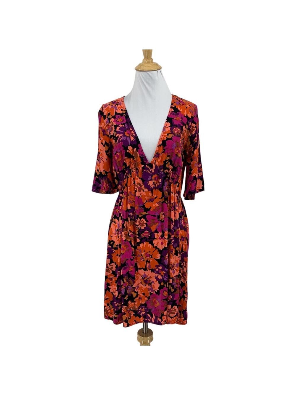 Lovestitch Dress Women S Small Purple Orange Floral Ember Plunge Neck Rayon Mini